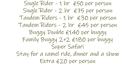 Single Rider - 1 hr €50 per person Single Rider - 2 hr €75 per person Tandem Riders - 1 hr €30 per person Tandem Riders - 2 hr €45 per person Buggy Double €140 per buggy Family Buggy 2+2 €180 per buggy Super Safari Stay for a camel ride, dinner and a show Extra €20 per person